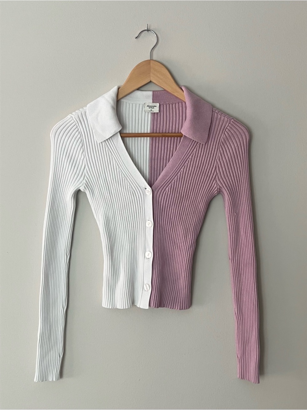 Abercrombie & Fitch Ribbed Colourblock Collared Cardigan Pink White XS